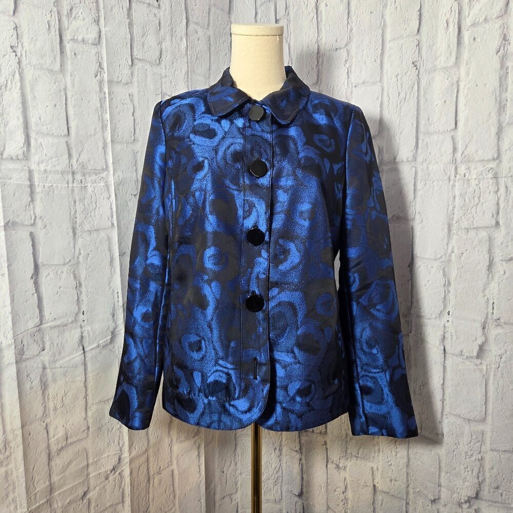 Laura Ashley Small Blue Satin Floral Button Up Jacket Dressy Elegant (Flaw)